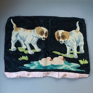 Antique Crewel Embroidery Needlepoint Pillow Cover on Satin Puppy Dogs Pond Duck